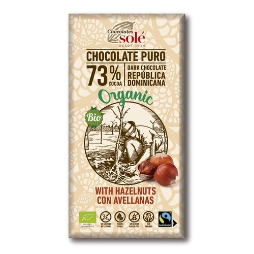 Chocolate Negro 73% Cacao con Avellanas 150g Bio